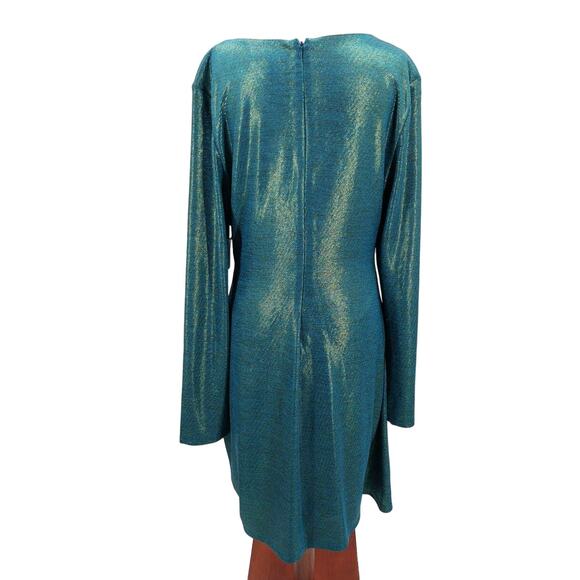 GUESS SZ 16 XL Plus teal gold textured vneck long sleeve ruched dress NWT B137 - Picture 3 of 8
